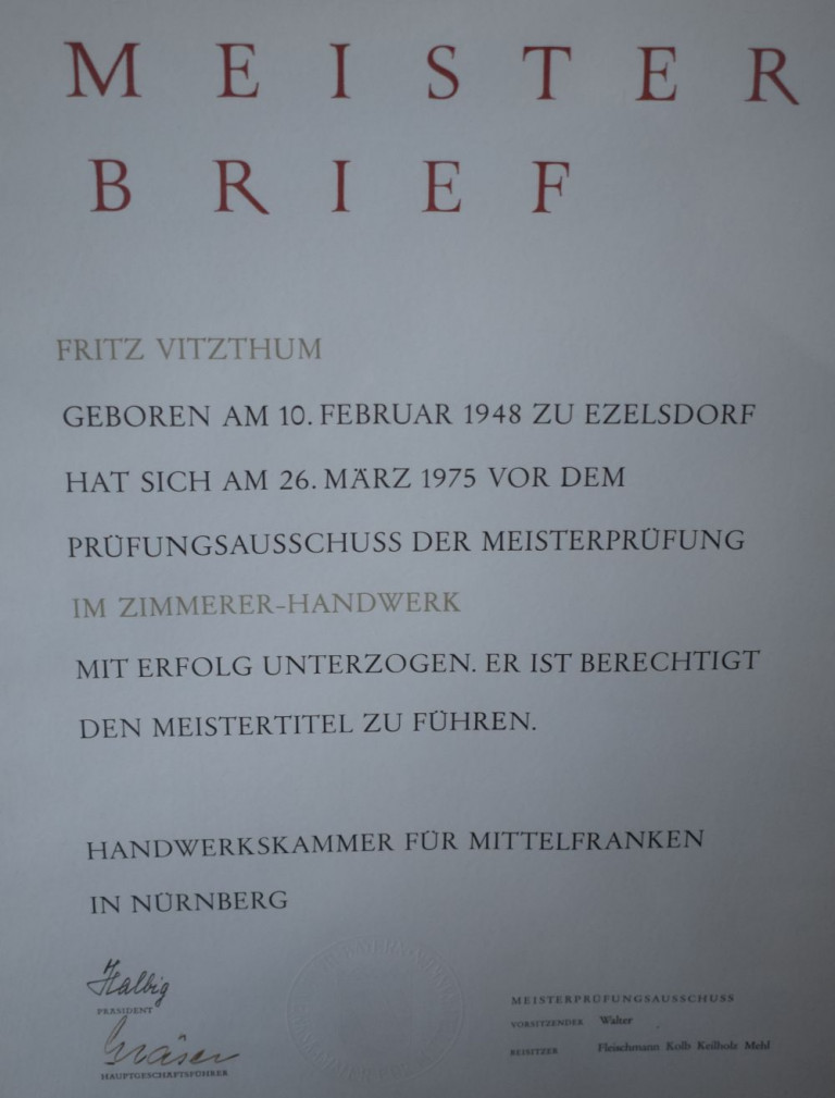 Meisterbrief Fritz Vitzthum