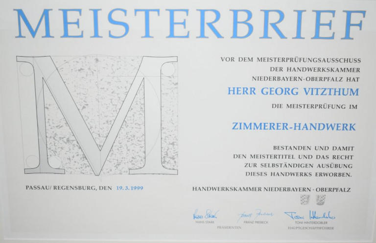 Meisterbrief Georg Vitzthum 1999